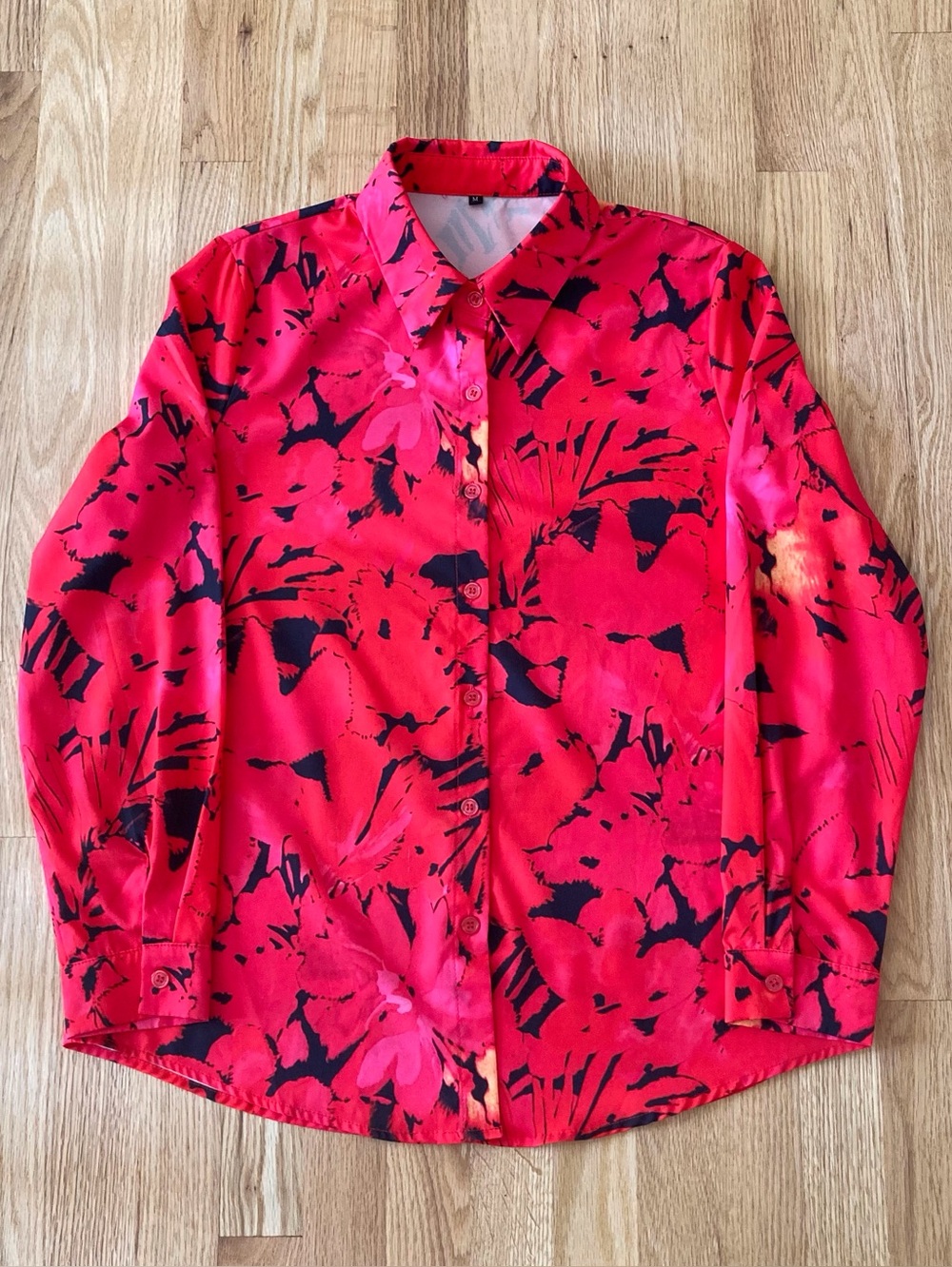Vibrant Red Fuchsia Abstract Floral Print Button-Up Shirt Sz M